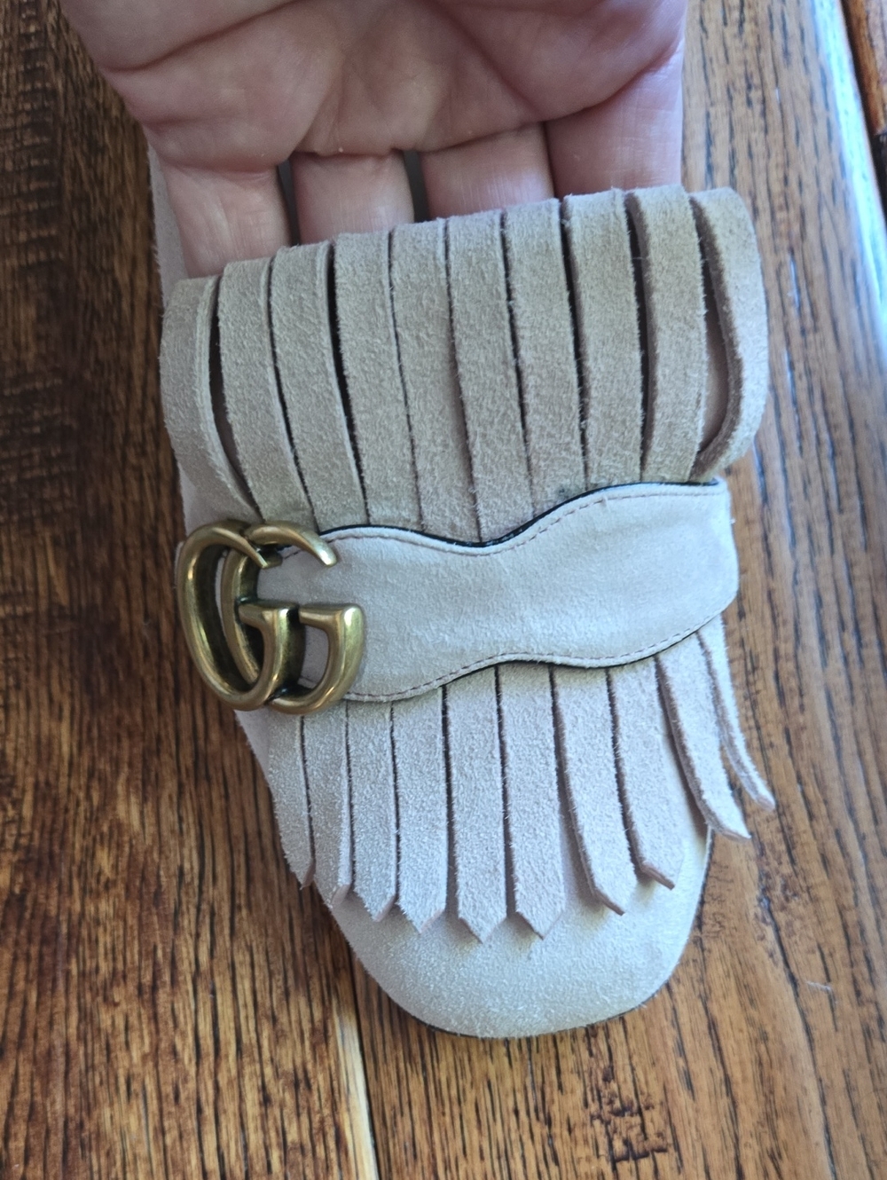 Gucci Pink Suede Fringe Block Heel Loafers with Gold Double-G - Picture 7 of 10